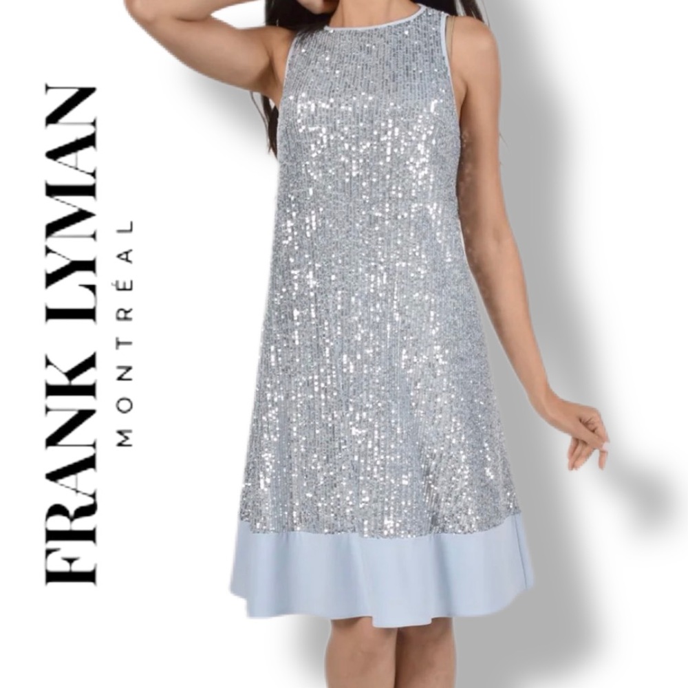 Frank Lyman Blue Silver Sequin Knit Dress Size 8 NWT Style 228242